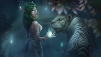 Tyrande Whisperwind with her White Tiger in a Mystical Night Setting