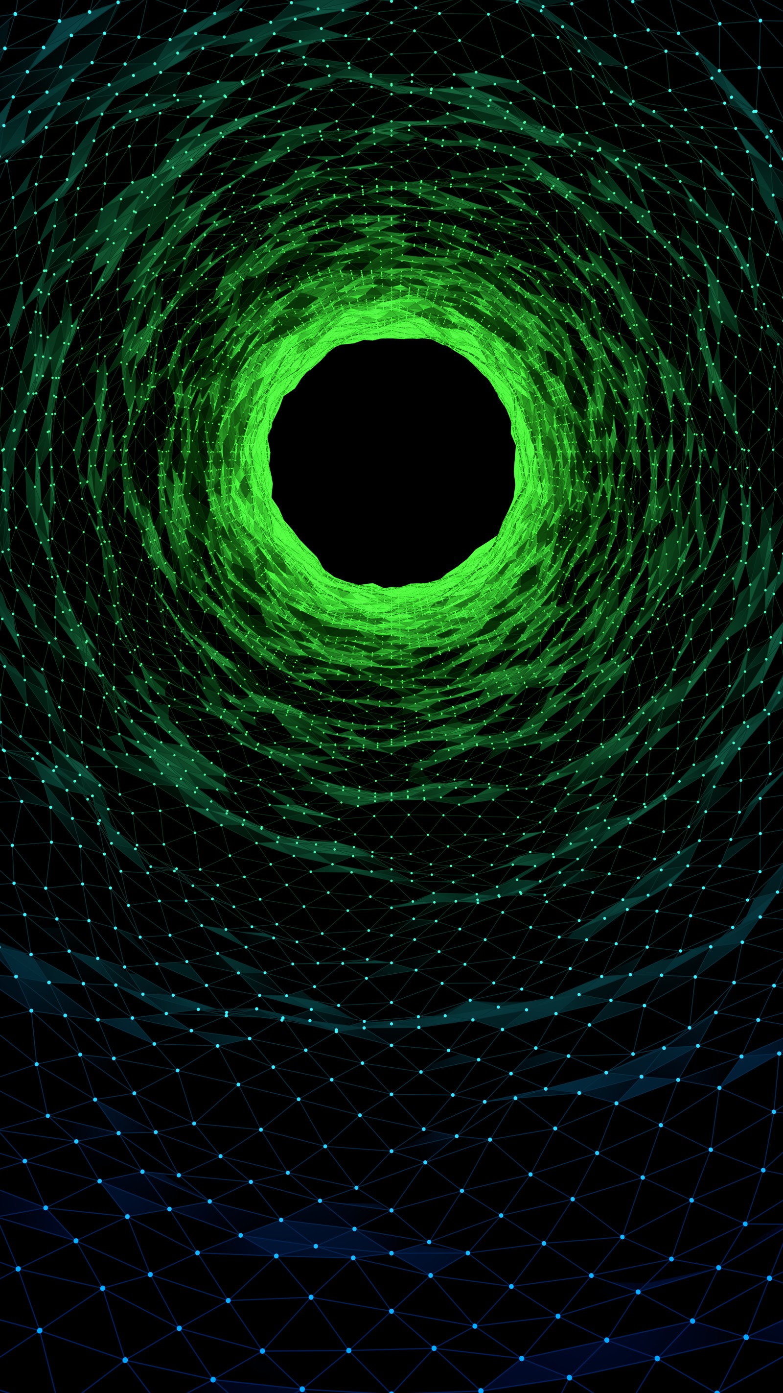 Un gros plan d'une spirale verte et noire sur fond noir (oled, vert, coloré, infrastructure, espace)