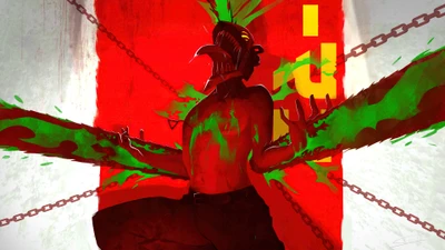 Denji in Hybrid Devil Form with Chainsaw Blades Against a Red Background