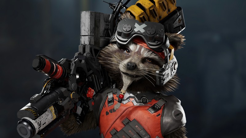 Близкий план енота с оружием и шлемом (rocket raccoon, стражи галактики marvel, marvels guardians of the galaxy, видеоигра)