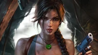 Lara Croft, l'iconique guerrière de Tomb Raider, prête avec une arme et une expression déterminée, entourée d'un environnement de grotte mystique.