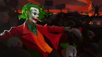 Joker umarmt das Chaos inmitten eines Meeres von Clowns bei Sonnenuntergang