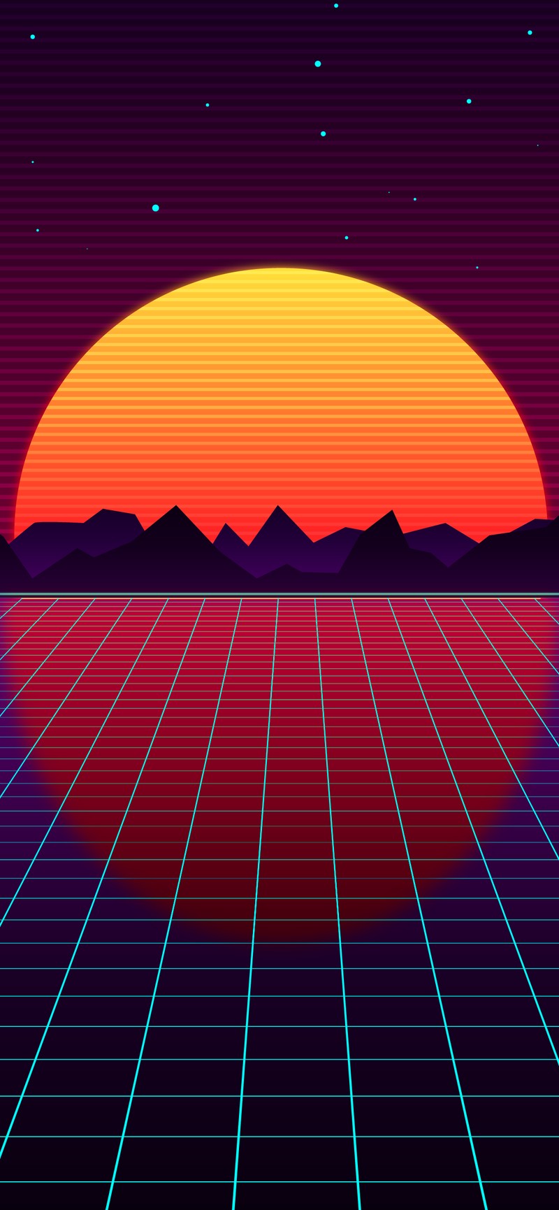 Retro-foto eines sonnenuntergangs mit bergen im hintergrund (vaporwave, raum, könig, gewässer, nacht)