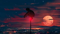 alone, boy, moon, night, scenery wallpaper