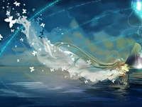 Hatsune Miku reflejando en un sereno cielo azul con mariposas y olas