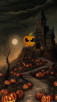 Haunted House Surrounded by Glowing Jack-o'-Lanterns Under a Spooky Moonlit Sky