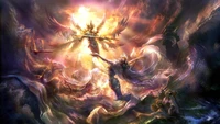 Uma batalha celestial entre uma figura angelical e um demônio em meio a chamas giratórias e águas turbulentas, personificando o conflito entre o bem e o mal na mitologia.