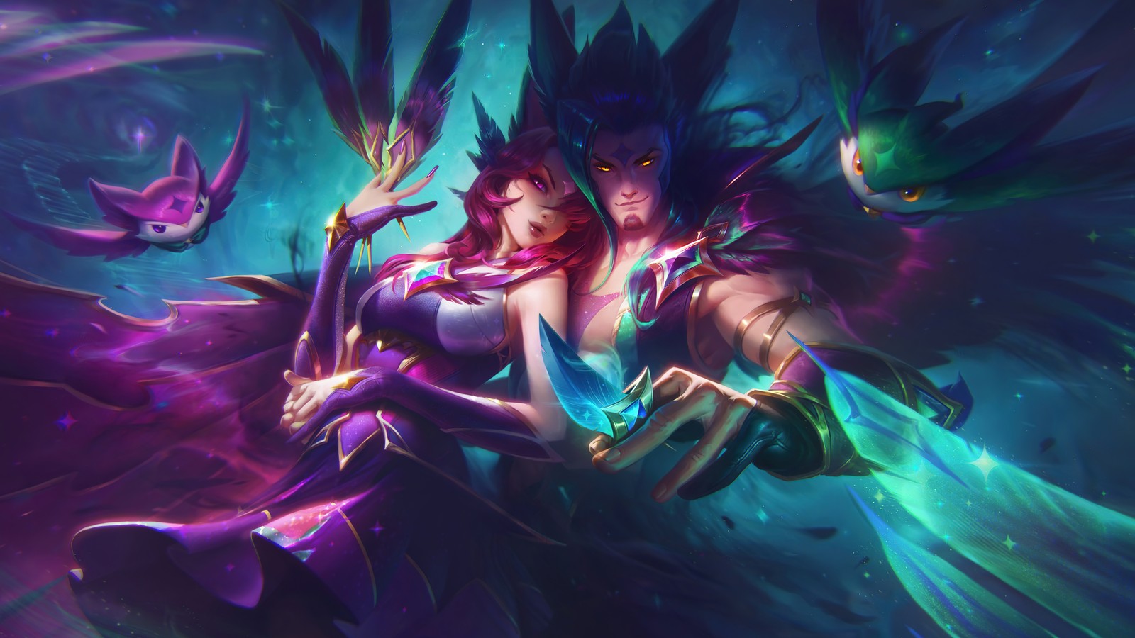 A woman in a purple dress holding a wand and a bird (star guardian, xayah, rakan, skin, splash)