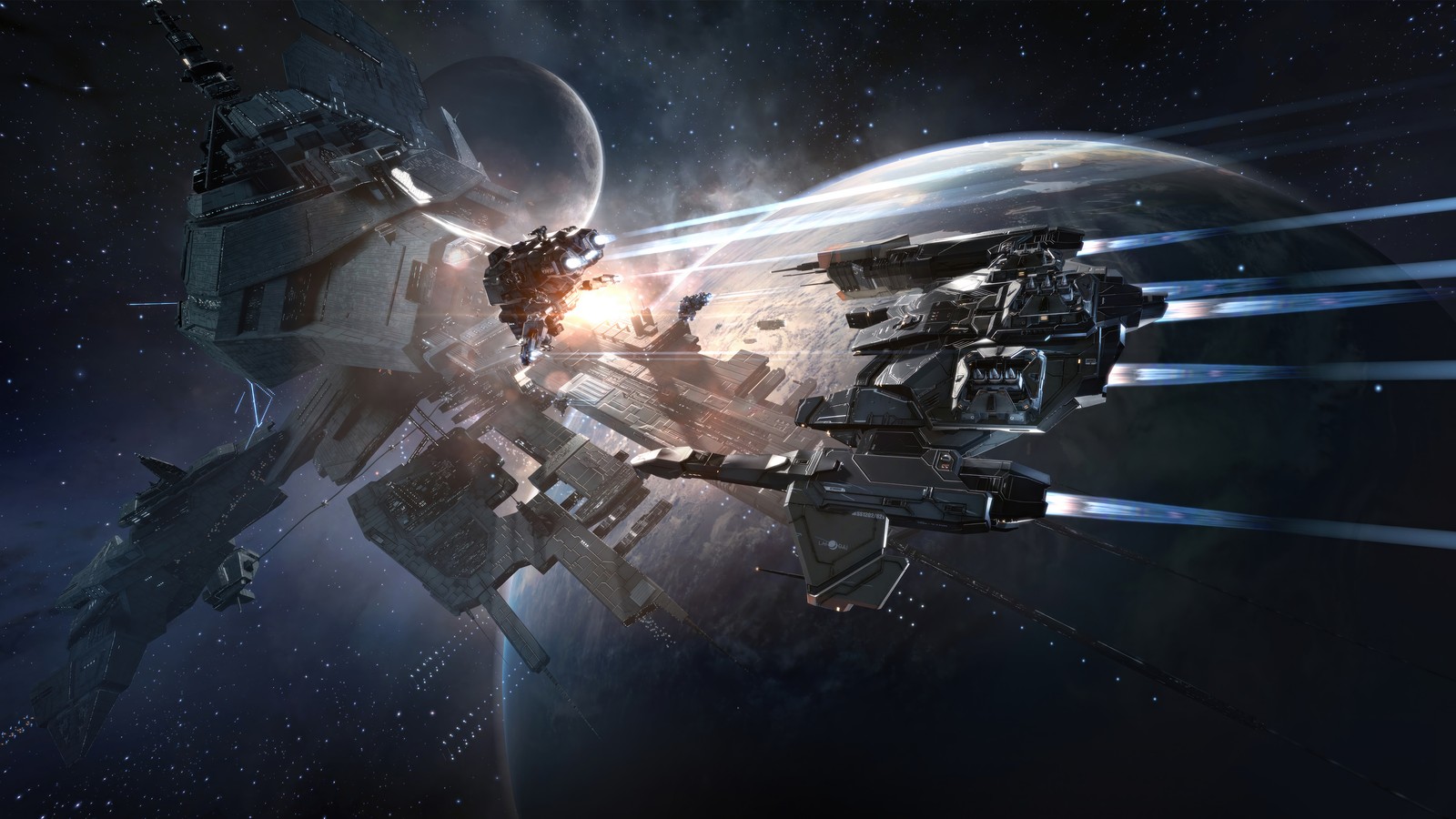 A spaceship is flying through space with a large star in the background (eve online, video game)