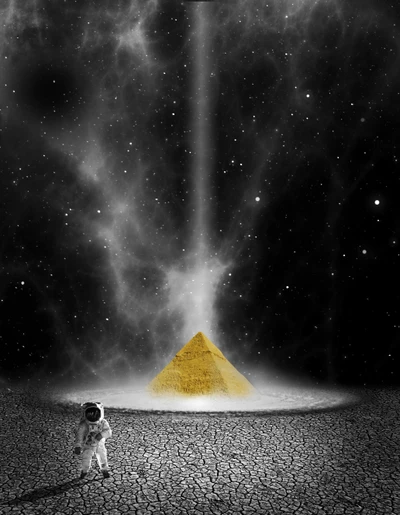 An Astronaut Stands Before a Glowing Pyramid Amidst a Cosmic Night Sky