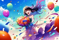 Novia de anime alegre rodeada de globos coloridos y flores