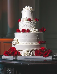 Elegante dreistufige Hochzeitstorte, geschmückt mit weißen Rosen und roten Blütenblättern, mit komplizierten Zuckerguss-Designs und einer glatten Buttercreme-Oberfläche.