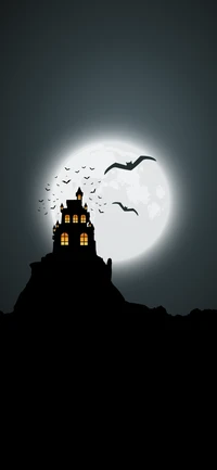 Crescent Moon Over a Silhouetted Tower with Birds at Dusk