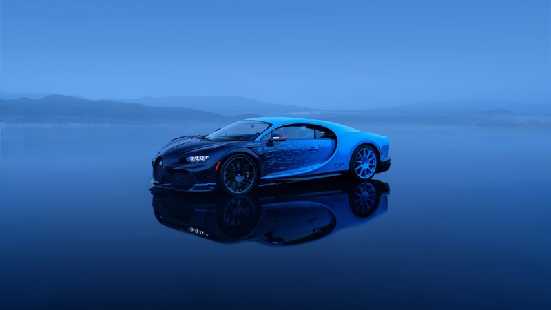 Крупный план автомобиля bugatti на водной поверхности (bugatti chiron, синий эстетичный, 5k, 8k, машины)