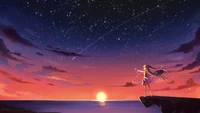 Pôr do sol calmo sobre o mar com céu estrelado e figura de anime