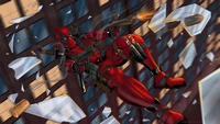 Deadpool in Aktion: Bewaffnet und furchtlos zwischen fallendem Trümmer