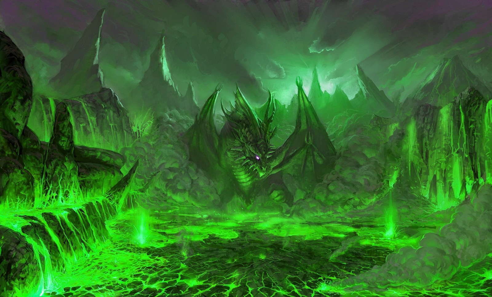 A green dragon is in the middle of a green mountain (dragon, green, forest, jungle, digital art)