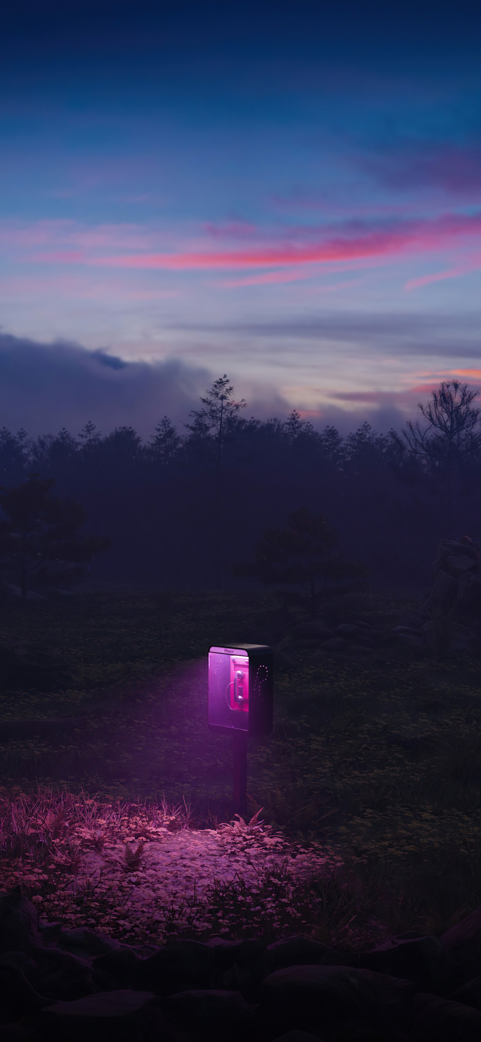 There is a purple light shining on a small box in the middle of a field (nature, mount scenery, cloud, atmosphere, purple)