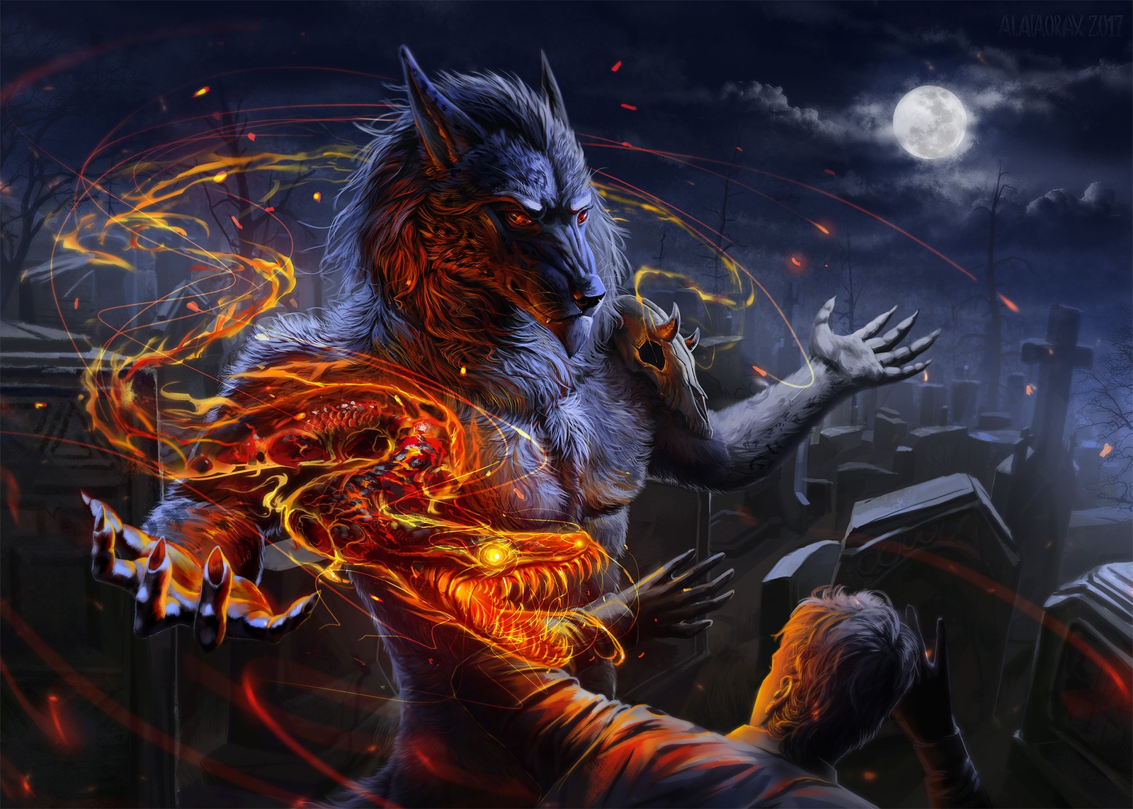 A painting of a werewolf with a fireball in his hand (wolf, werewolf, digital art, artist, art)