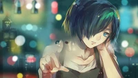 Touka Kirishima from Tokyo Ghoul:re in a vibrant urban setting.