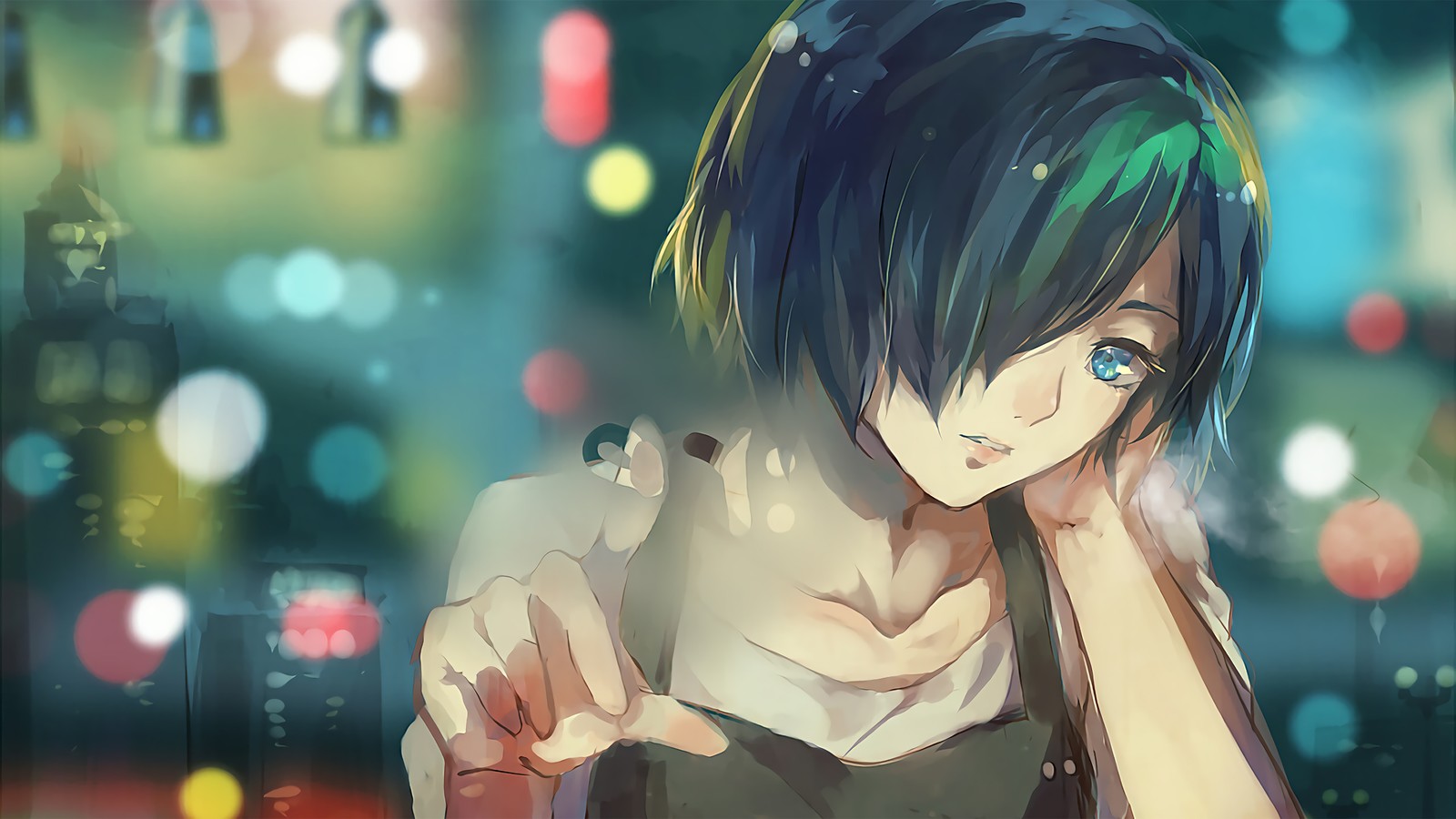 Anime, garota anime, cidade, noite, luzes, luzes da cidade, luzes da cidade, luzes da cidade (touka kirishima, tokyo ghoulre, tokyo ghoul re, anime, meninas de anime)