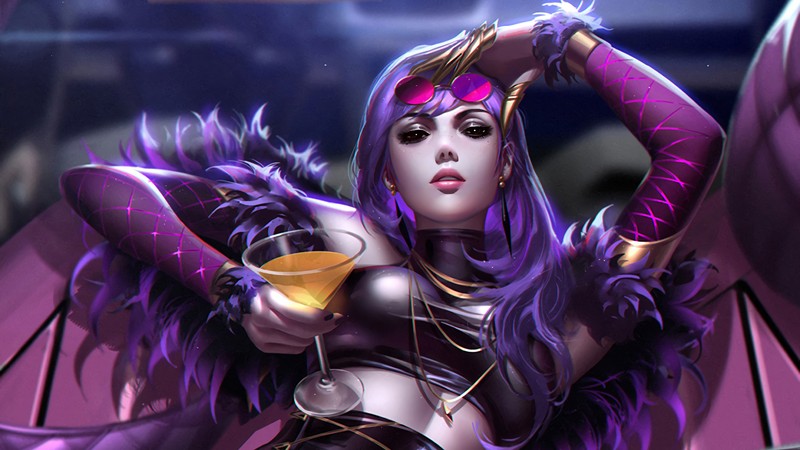 Близкий план женщины с фиолетовыми волосами и фиолетовым нарядом (kda, evelynn, lol, league of legends, видеоигра)