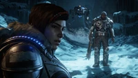 Kait Diaz and Delmont Walker in a snowy landscape from Gears 5, with a robotic companion in the background.