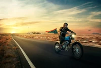 Custom Motorcycle Stunt Performer Riding into the Sunset