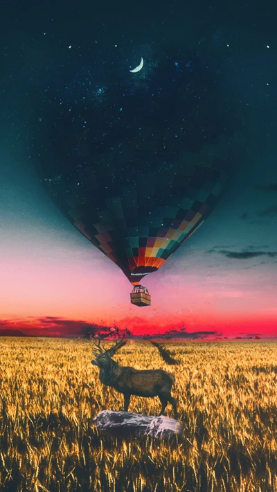 Sunset Serenity: A Hot Air Balloon Over Fields with a Majestic Stag