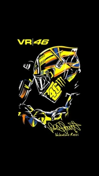 Dynamische Illustration von Valentino Rossi in einem lebhaften gelb-blauen Rennhelm, der das ikonische VR46-Branding zeigt.