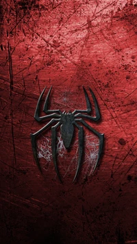 Fundo vermelho escuro com um emblema de aranha preta estilizado, parcialmente obscurecido por teias de aranha, criando uma atmosfera dramática e intensa.