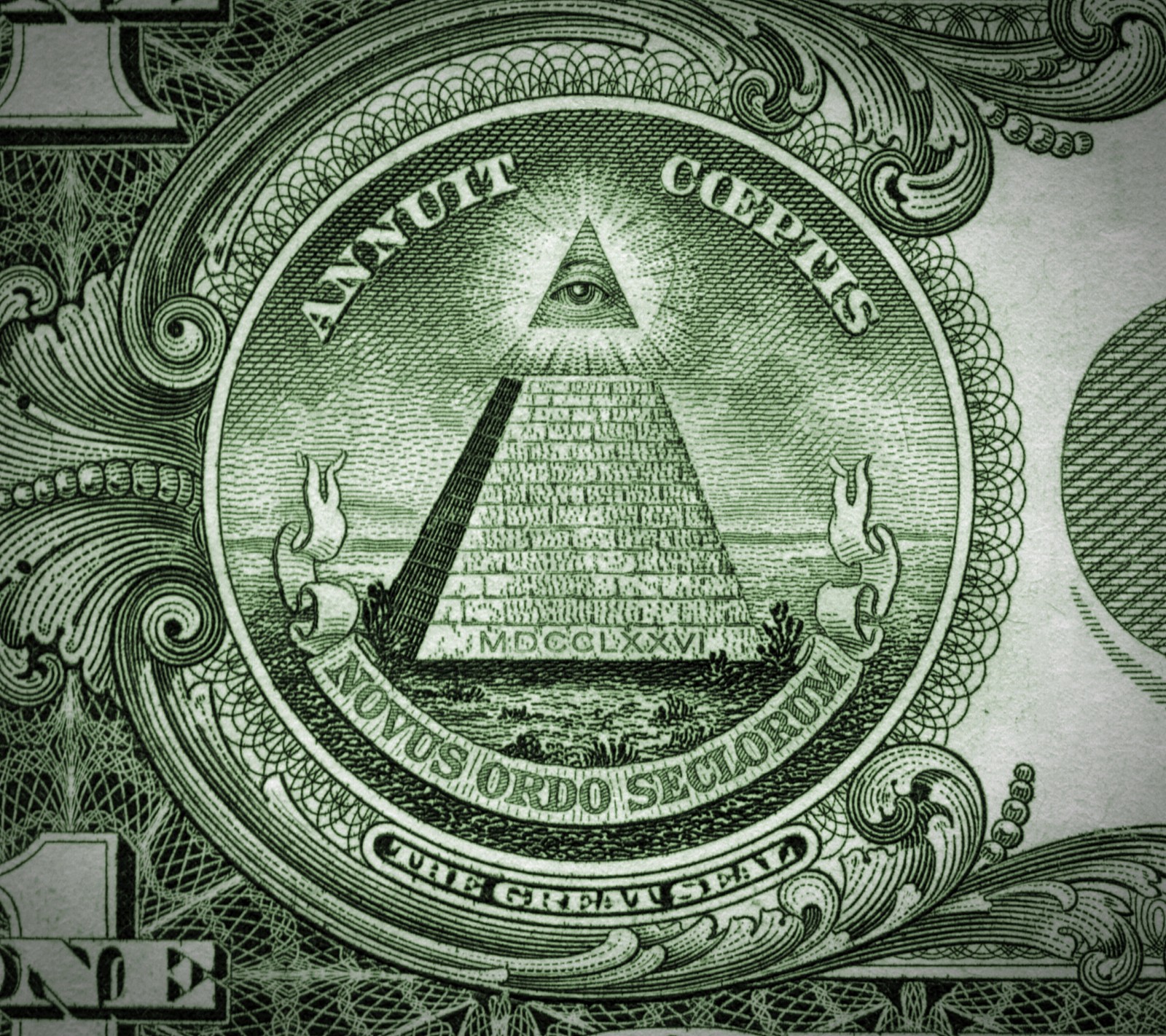 Nahaufnahme eines dollarscheins mit einer pyramide darauf. (amerika, dollar, geld, nwo, usa)