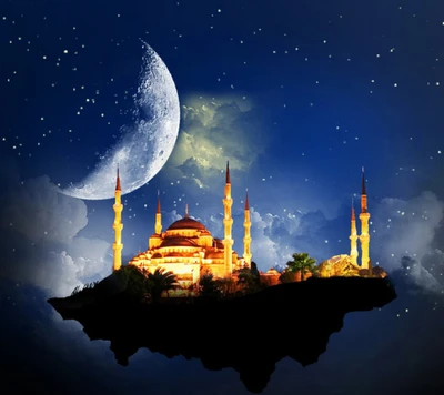 Majestic Mosque Under a Crescent Moon