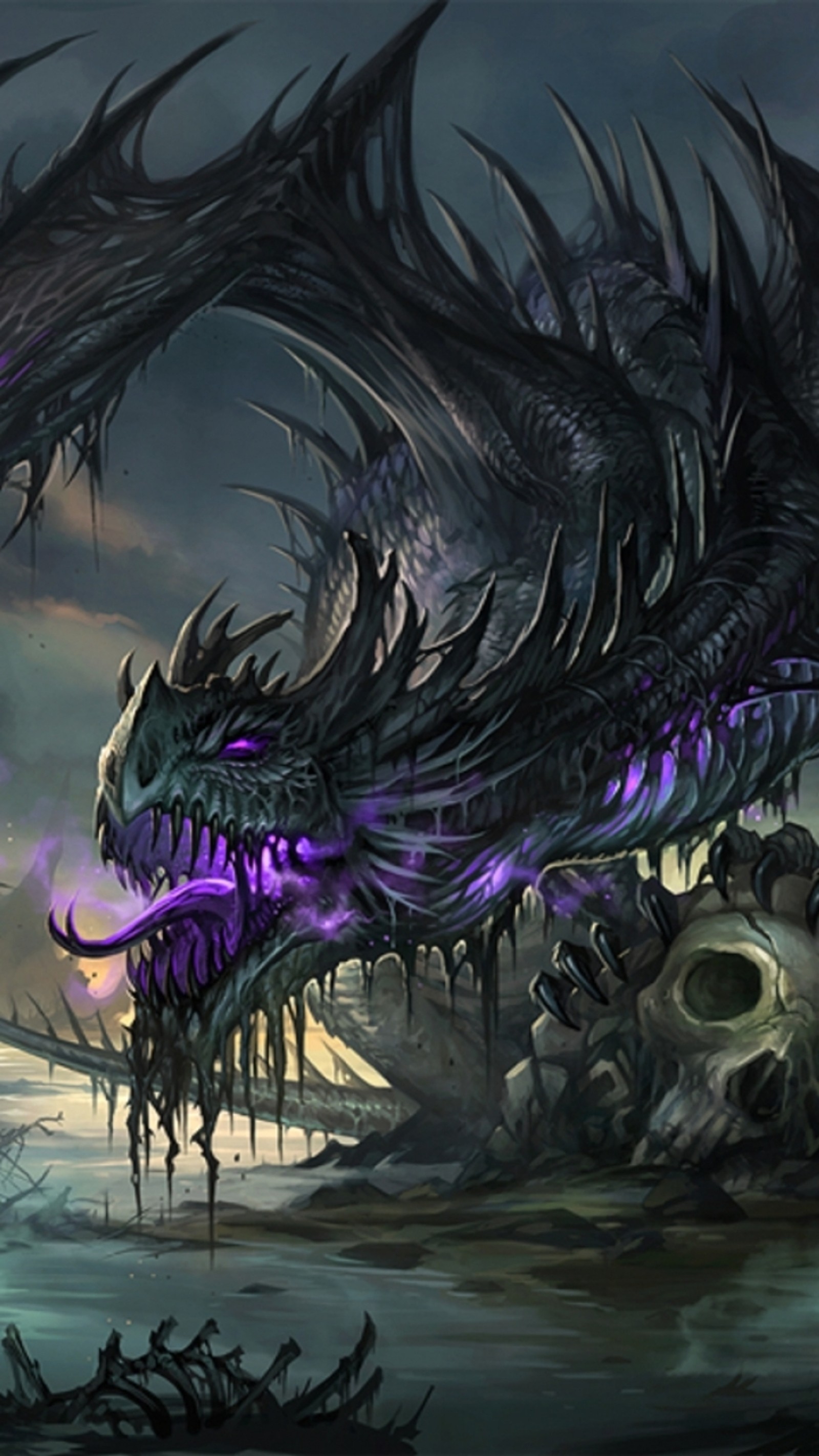 Il y a un grand dragon avec des lumières violettes sur sa tête (sombre, dragon)