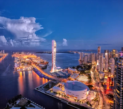 Horizonte vibrante de Miami al anochecer con rascacielos y luces del puerto