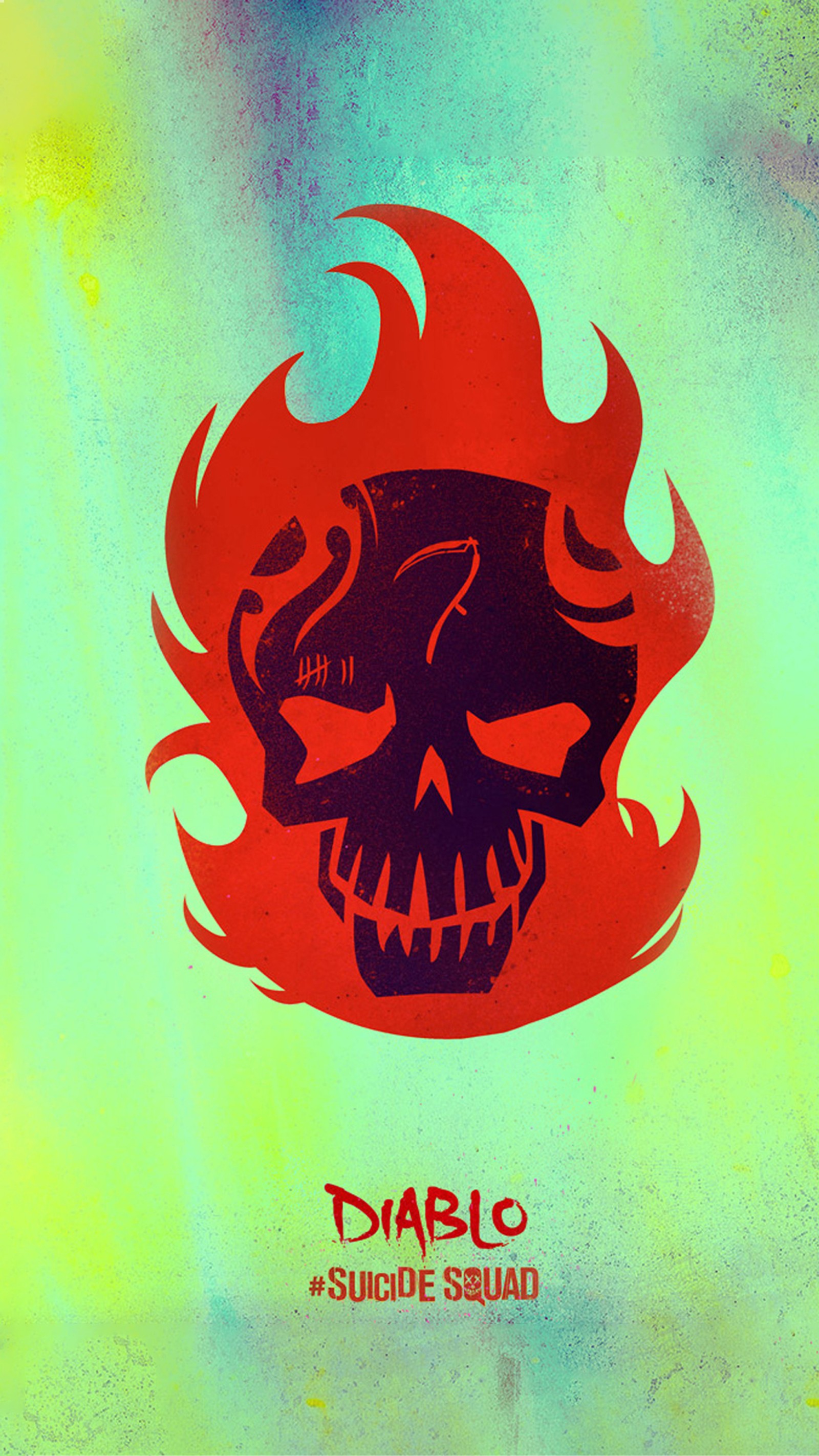 There is a poster of a skull with flames on it (dc comics, diablo, joker, marvel, suicide squad)