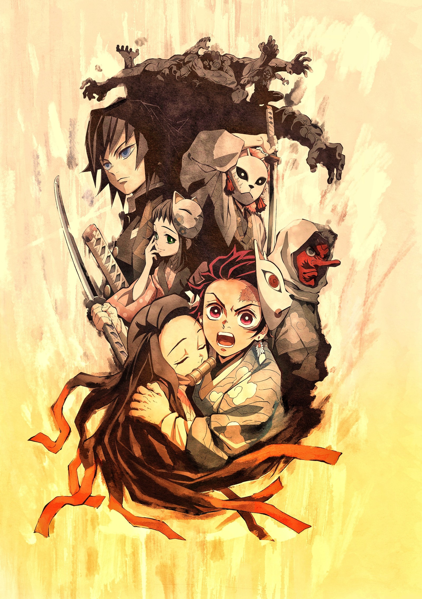 Lade anime, demon slayer, giyu, inosuke, kamado Hintergrund herunter