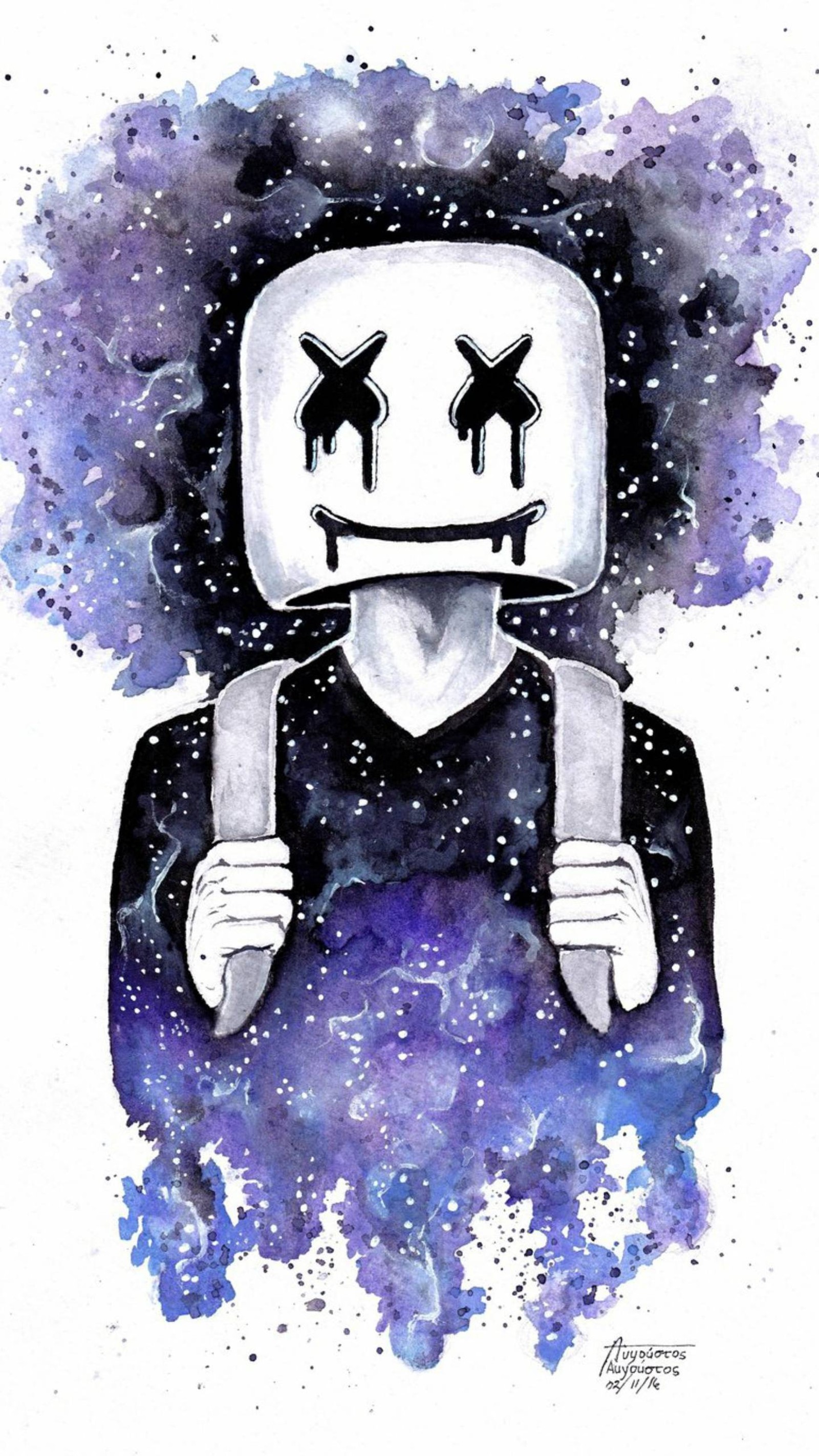 Uma pintura de um homem com um rosto marciano e uma mochila (marshmello, dj, homem, dj marshmello)