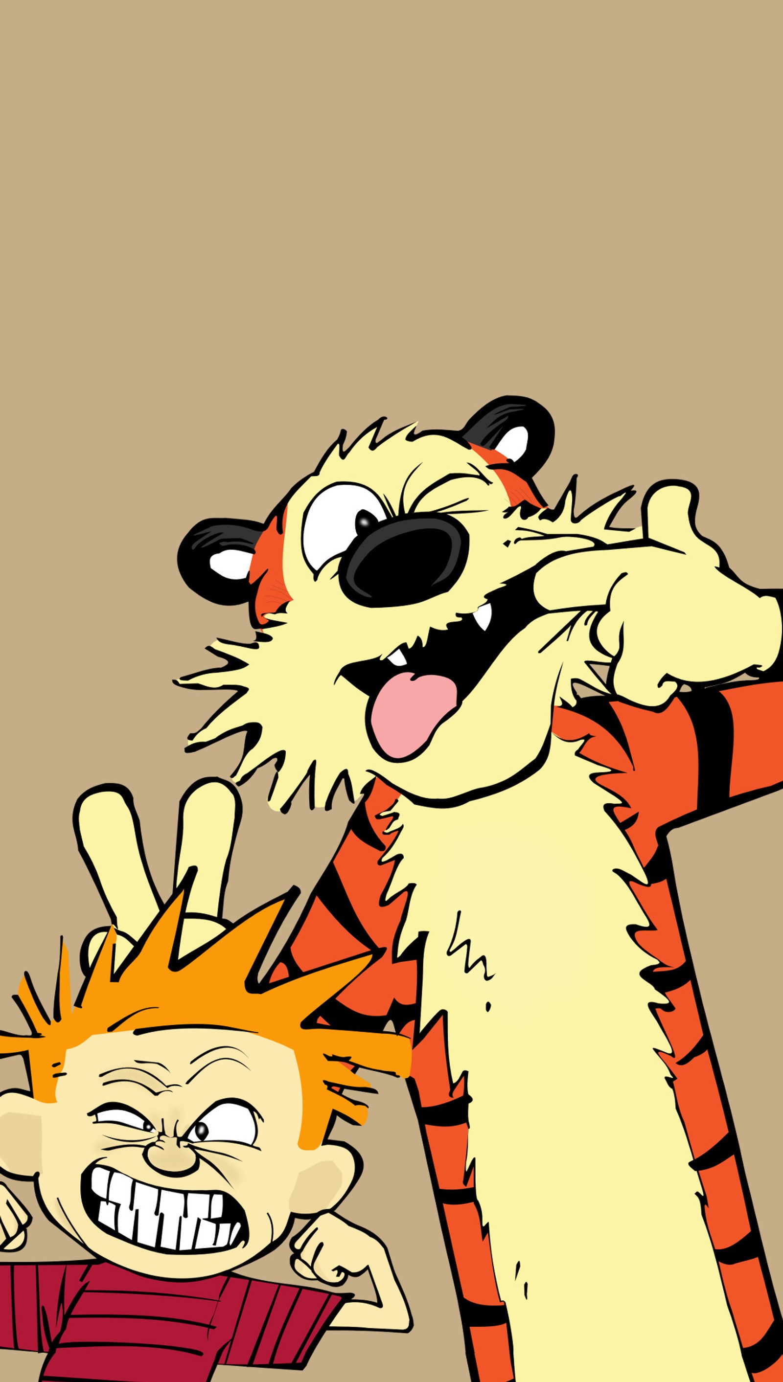 Caricatura de un tigre y un niño con una camiseta roja (calvin, caricatura, amigos, tonto, hobbes)