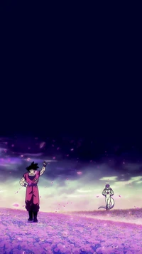 Goku and Frieza in a dramatic standoff amidst a vibrant, otherworldly landscape.