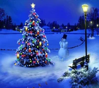 Festive Christmas Tree and Snowman in a Winter Wonderland