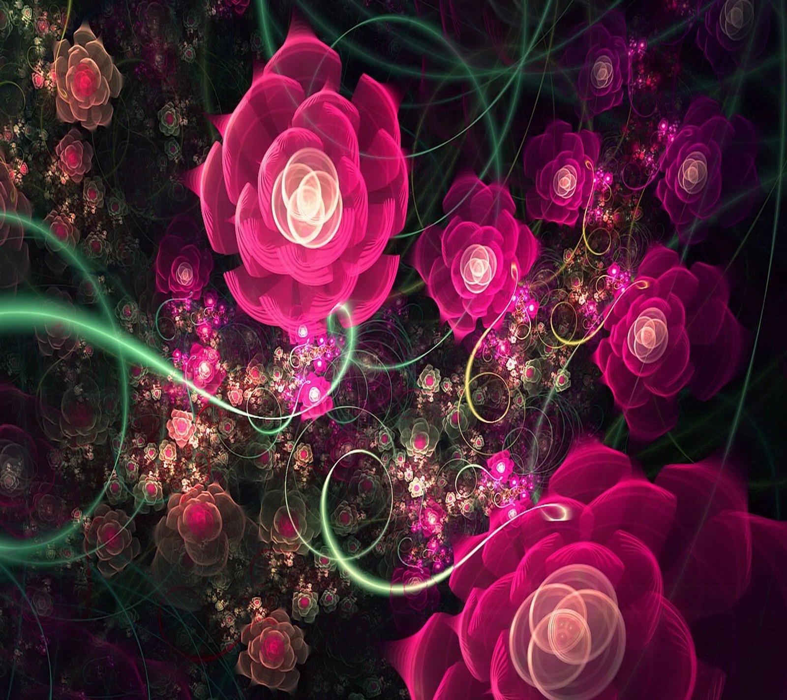 Un primer plano de un ramo de rosas rosas con remolinos verdes (abstracto, flores)