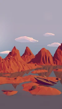 Abstract Desert Landscape with Geometric Mountains and Calm Reflections