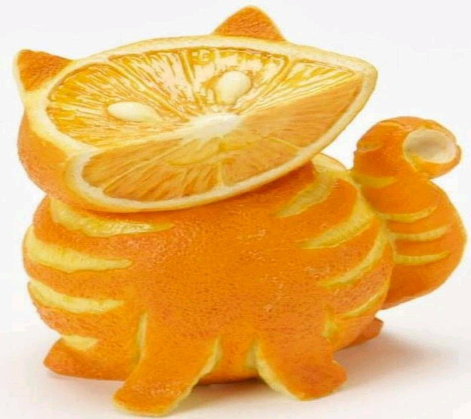 Il y a un chat orange avec une tranche d'orange sur la tête (œuvre dart, chat orange)