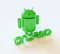 Зеленый маскот Android с глянцевой отделкой и 3D текстом, на чистом фоне.