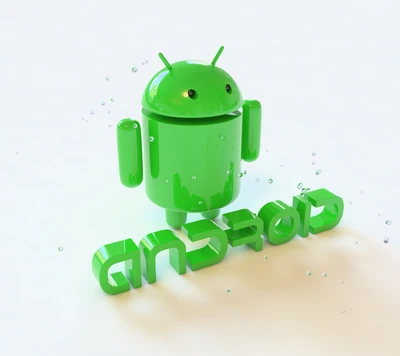 Green Android mascot with glossy finish and 3D text, set against a clean background.