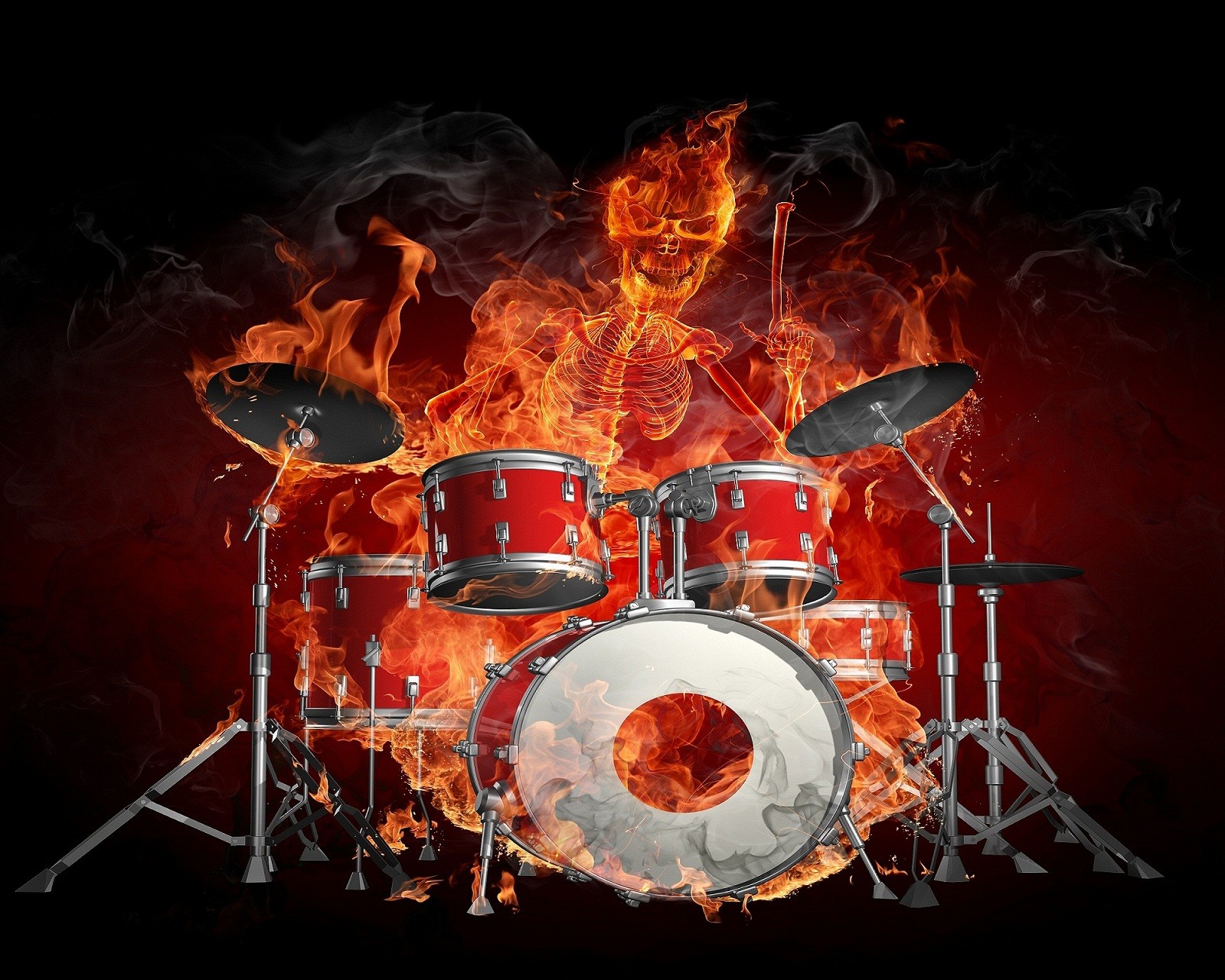 burning skeleton, drums, fire, music, night wallpaper