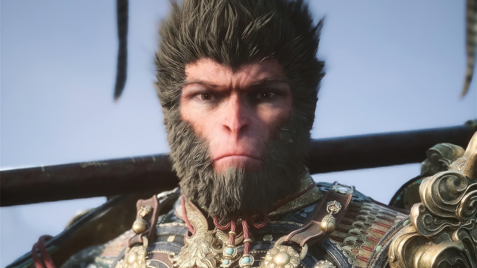 Un primer plano de un hombre con barba (mito negro wukong, black myth wukong, videojuego)