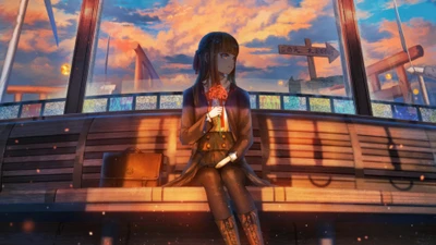 Anime-Mädchen wartet am Sonnenuntergang-Bahnhof mit einer Rose