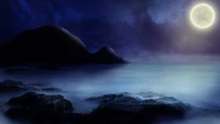 Serene Nightscape with Moonlit Mountains and Misty Waters